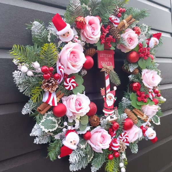 Red and Pink Christmas Wreath - Handmade - Letters to Santa - Festive Door Decoration