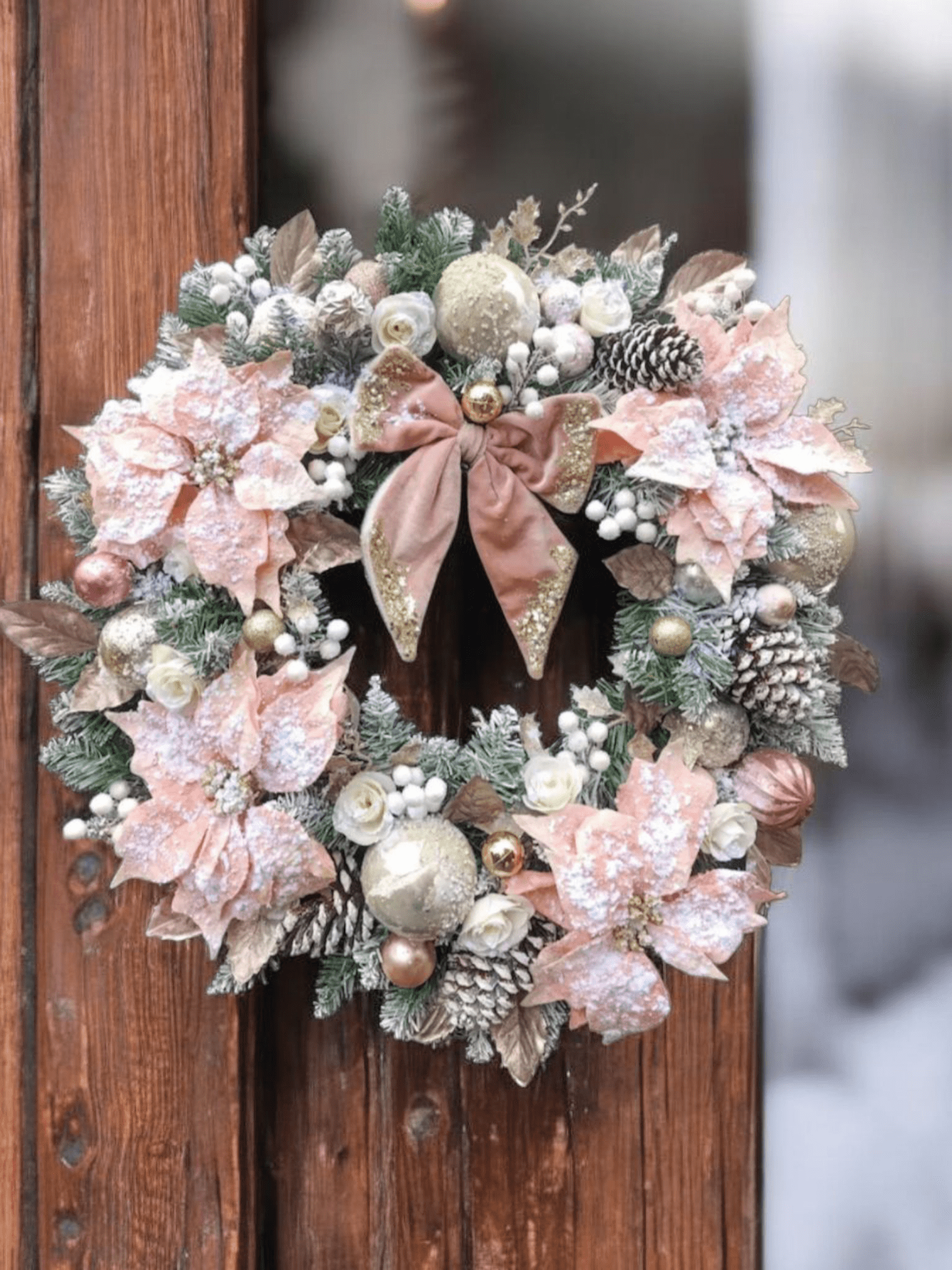 Deluxe Flocked Pink Poinsettia Wreath - 60cm Handmade Elegant Christmas Decor Deluxe Flocked Pink Poinsettia Wreath - 60cm Handmade Elegant Christmas Decor - Image 3