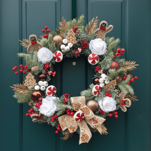 Gingerbread Christmas Wreath 50cm Handmade – Snowy Spruce, White Roses, Gold Foliage, Candy Canes & Gingerbread Men