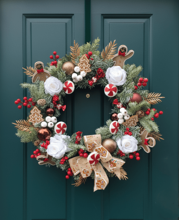Gingerbread Christmas Wreath 50cm Handmade – Snowy Spruce, White Roses, Gold Foliage, Candy Canes & Gingerbread Men