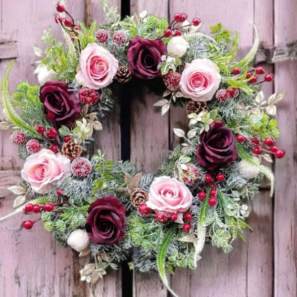 Handmade Frosted Winter Wreath – 50cm | Luxury Burgundy & Gold Christmas Door Decoration