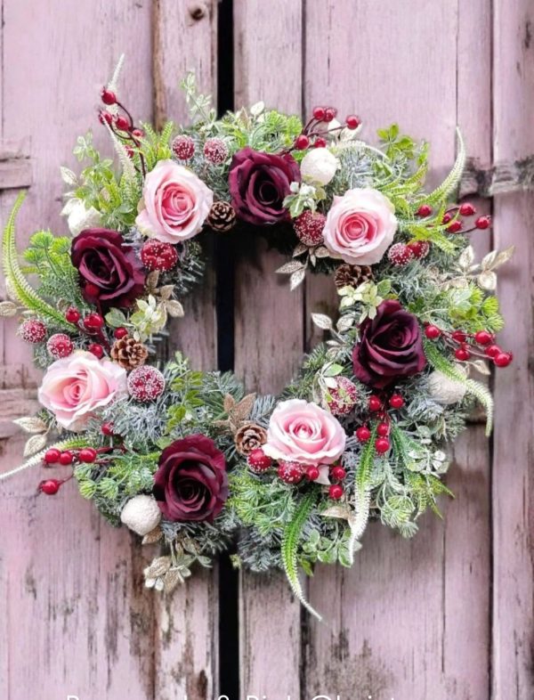 Handmade Frosted Winter Wreath – 50cm | Luxury Burgundy & Gold Christmas Door Decoration