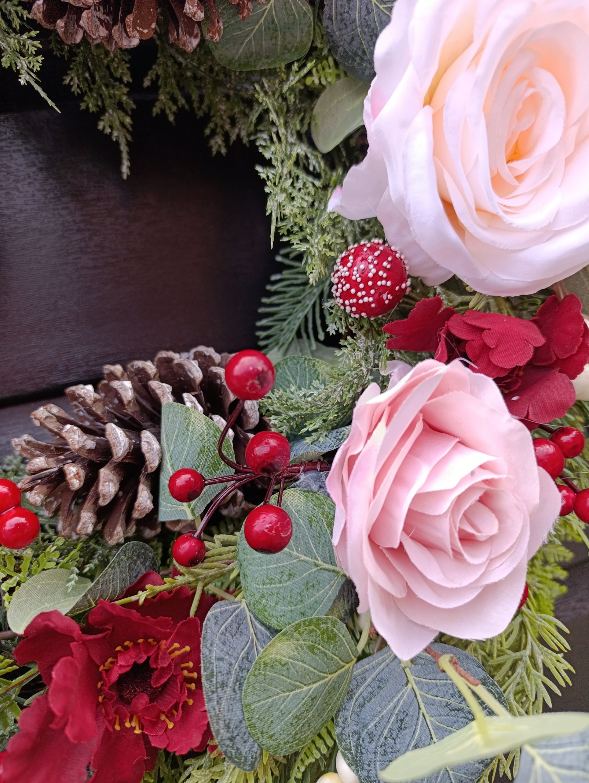 Pink & Burgundy Rose Wreath - Winter Door Wreath With Realistic Greenery Pink & Burgundy Rose Wreath - Winter Door Wreath With Realistic Greenery - Image 8