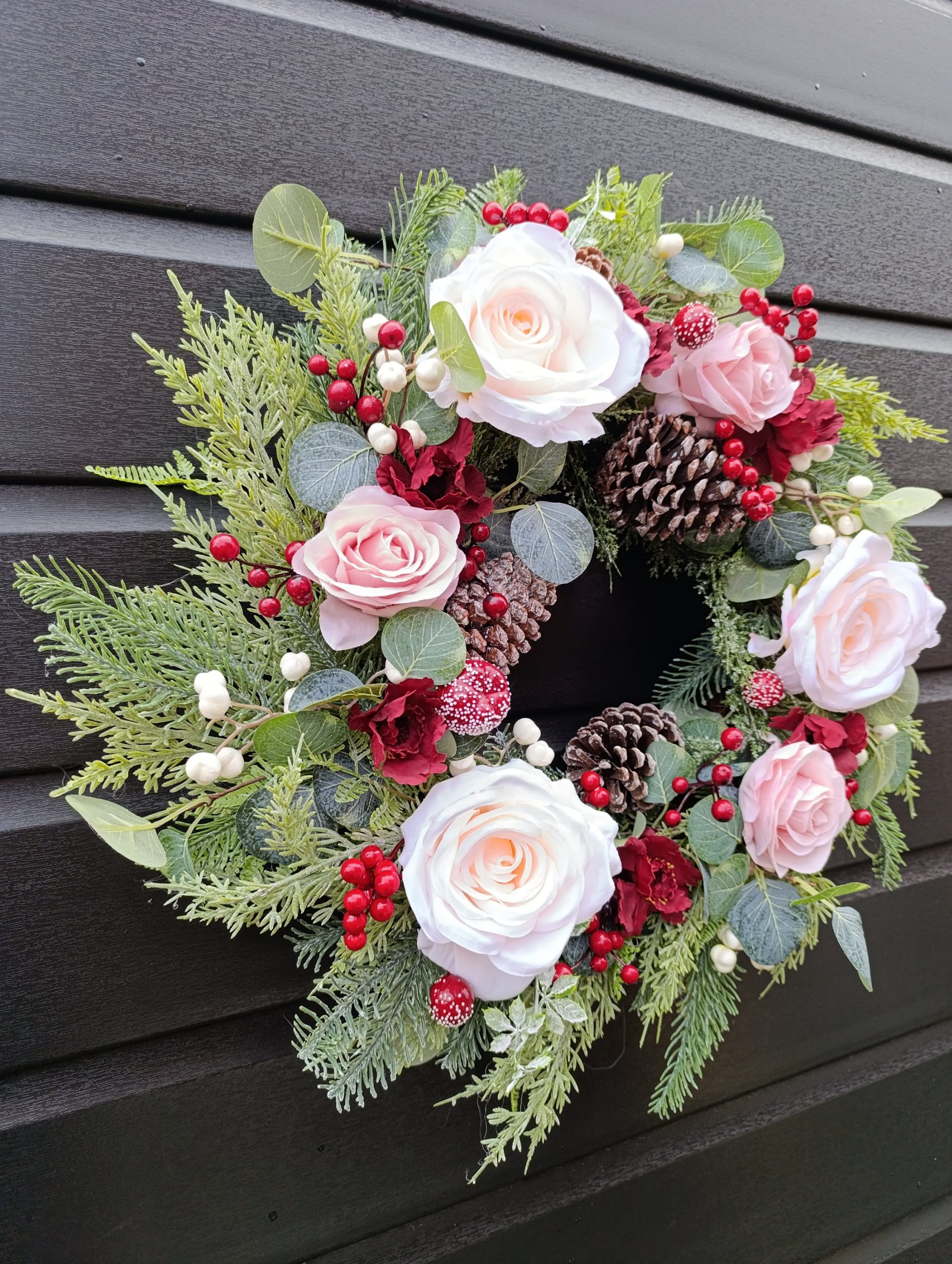 Pink & Burgundy Rose Wreath - Winter Door Wreath With Realistic Greenery Pink & Burgundy Rose Wreath - Winter Door Wreath With Realistic Greenery - Image 3