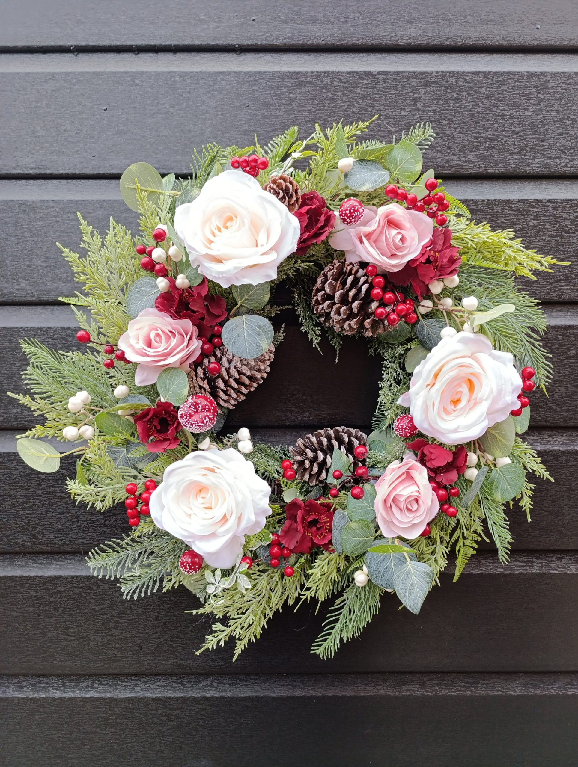 Pink & Burgundy Rose Wreath - Winter Door Wreath With Realistic Greenery Pink & Burgundy Rose Wreath - Winter Door Wreath With Realistic Greenery
